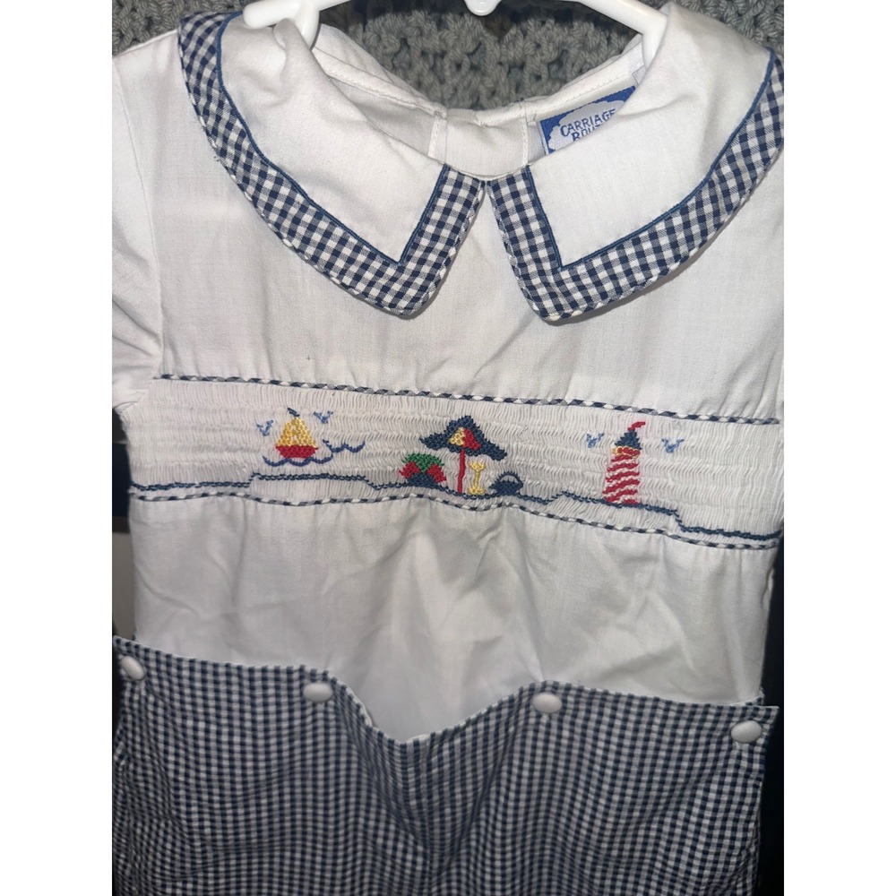 Carriage Boutiques Boys Smocked Beach Sailboat 2pc Set Gingham Bubble Shorts 24M - Picture 2 of 5